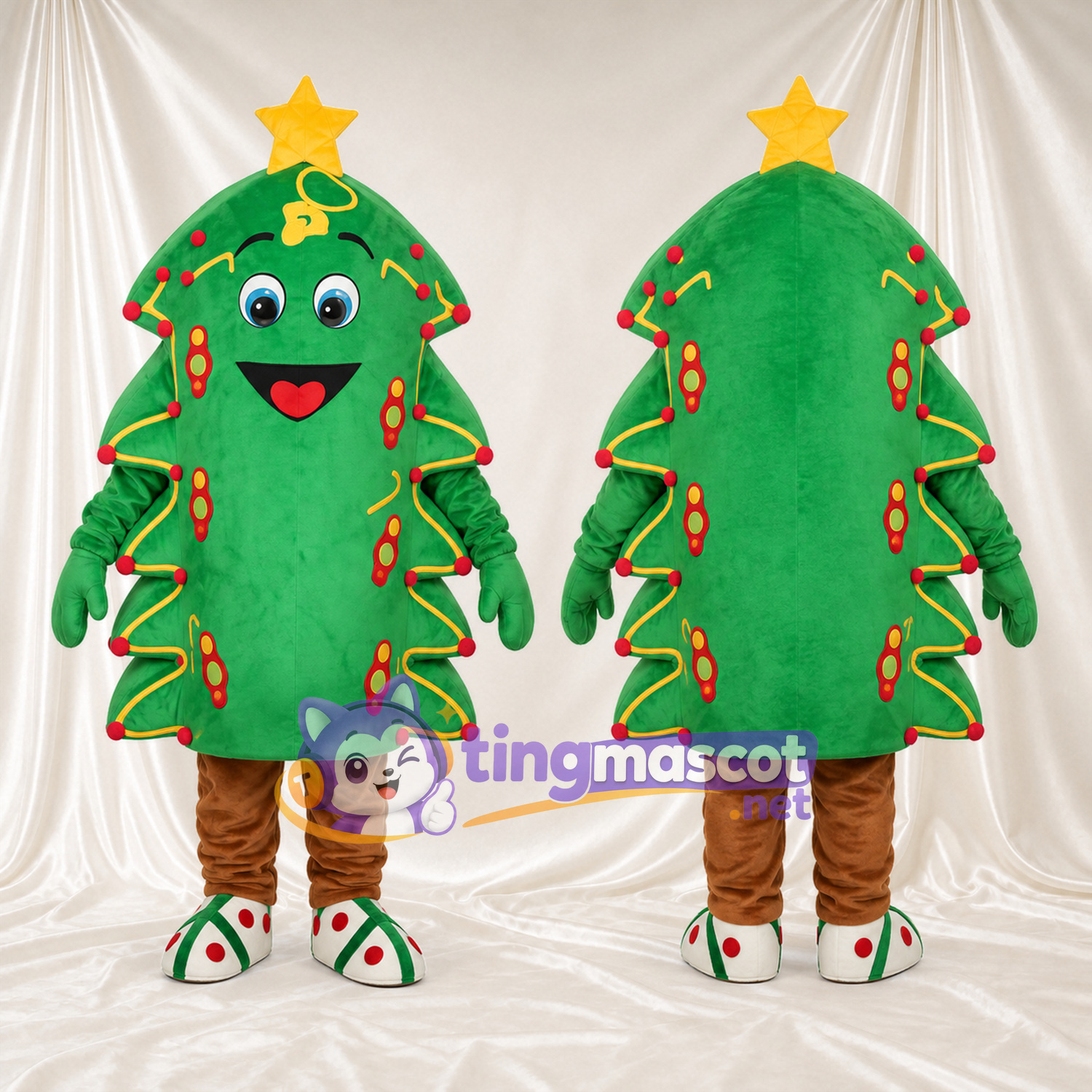Maskottchenkostüm Weihnachtsbaum – grün – Stern (gelb); Lichtermuster Maskottchenkostüm Weihnachtsbaum – grün – Stern (gelb); Lichtermuster
