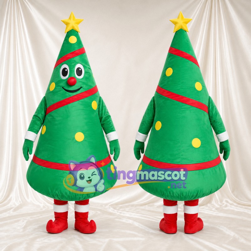 Maskottchenkostüm Weihnachtsbaum – grün – Stern (gelb); Band (rot)