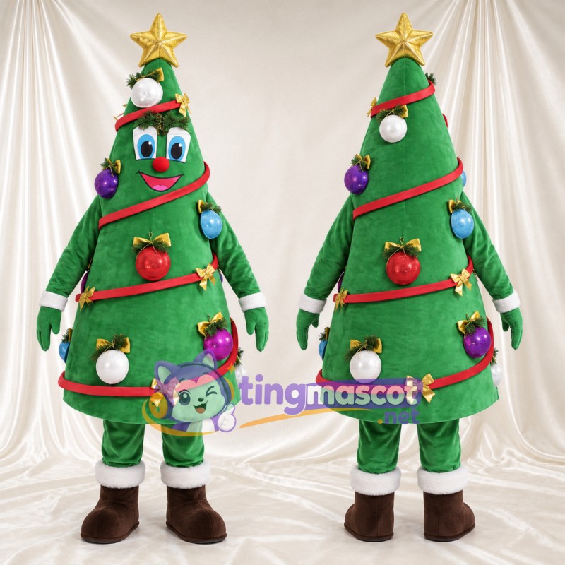 Green Christmas Tree Mascot Costume - Gold Star and Ornaments