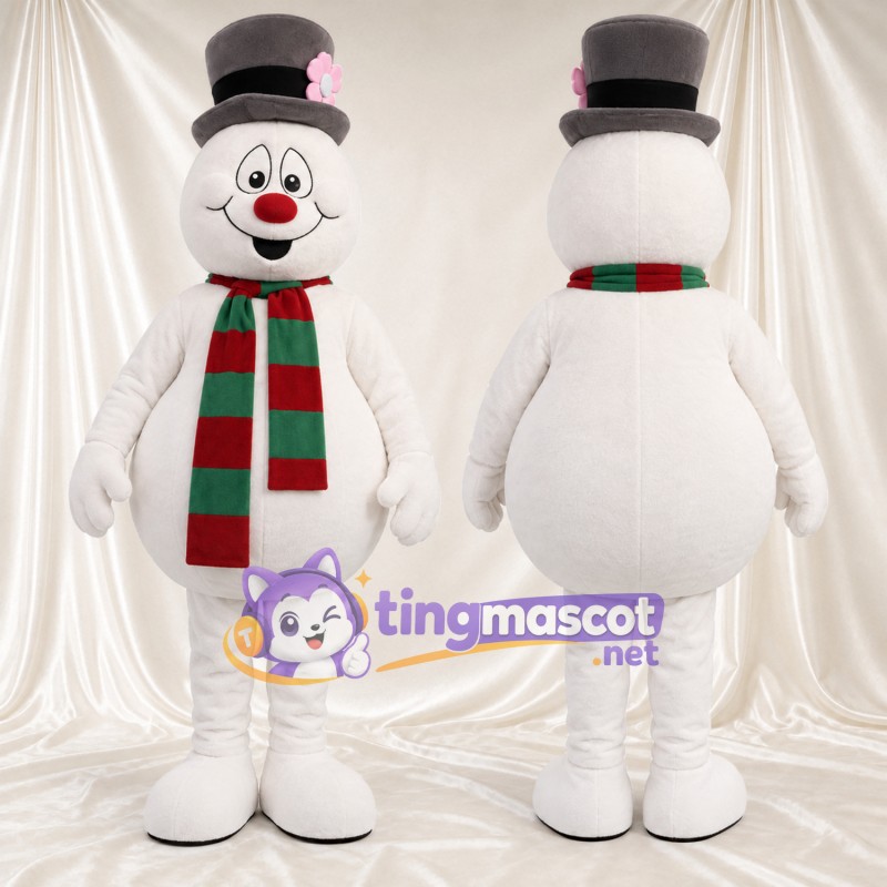 Costume de mascotte Bonhomme de neige – blanc – Haut-de-forme (noir); Écharpe