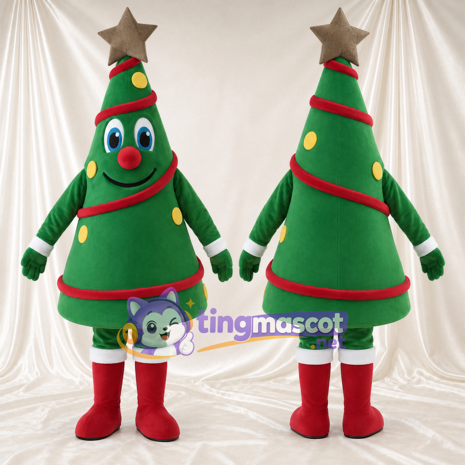Green Christmas Tree Mascot Costume - Gold Star and Red Ribbon Green Christmas Tree Mascot Costume - Gold Star and Red Ribbon