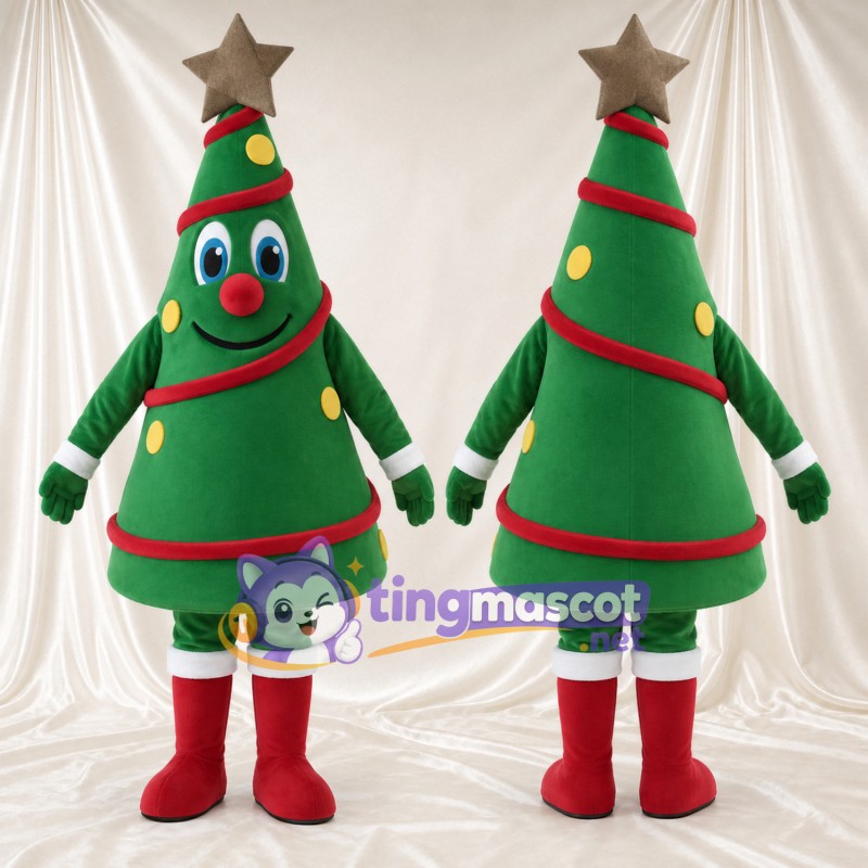 Green Christmas Tree Mascot Costume - Gold Star and Red Ribbon