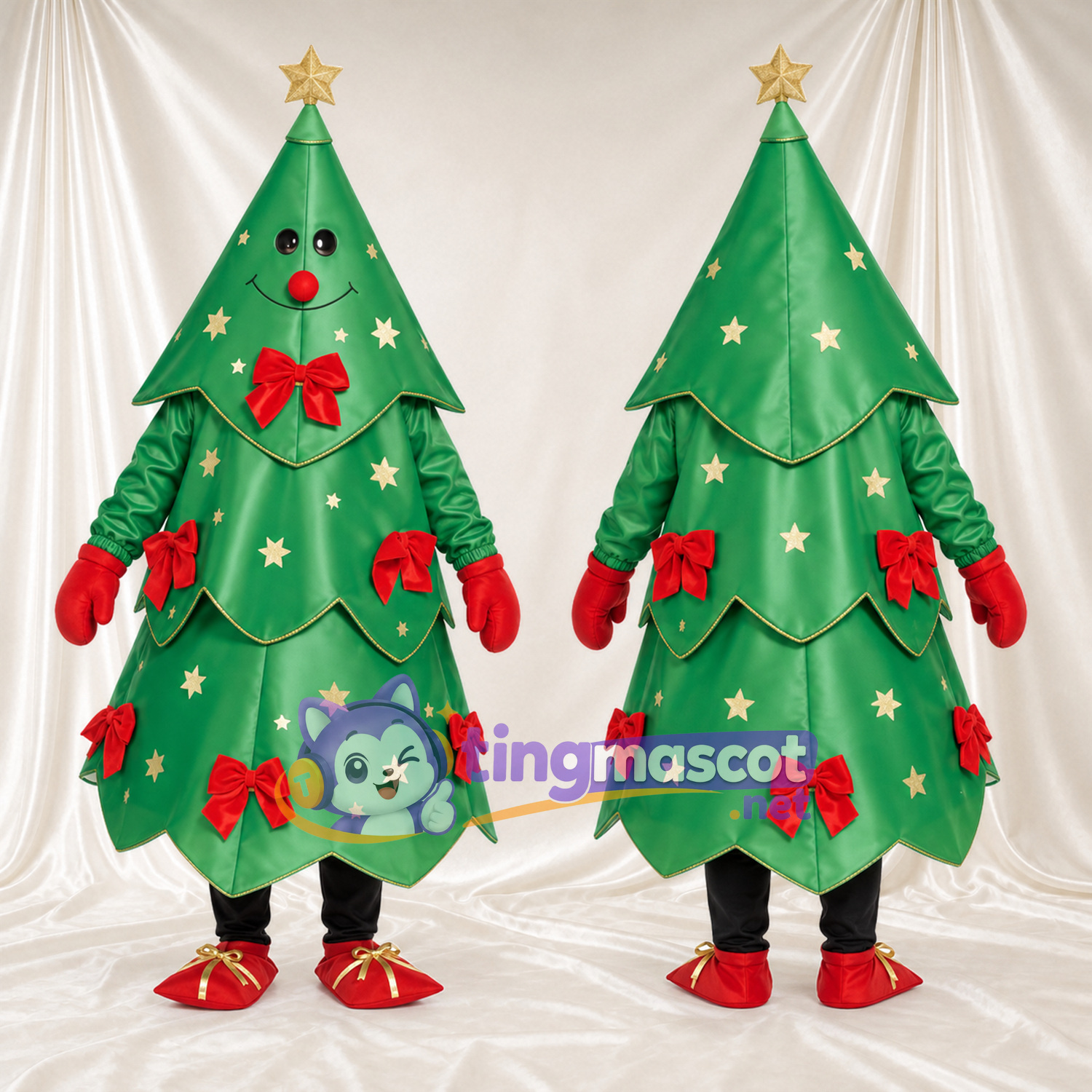 Green Christmas Tree Mascot Costume - Gold Star and Red Bows Green Christmas Tree Mascot Costume - Gold Star and Red Bows