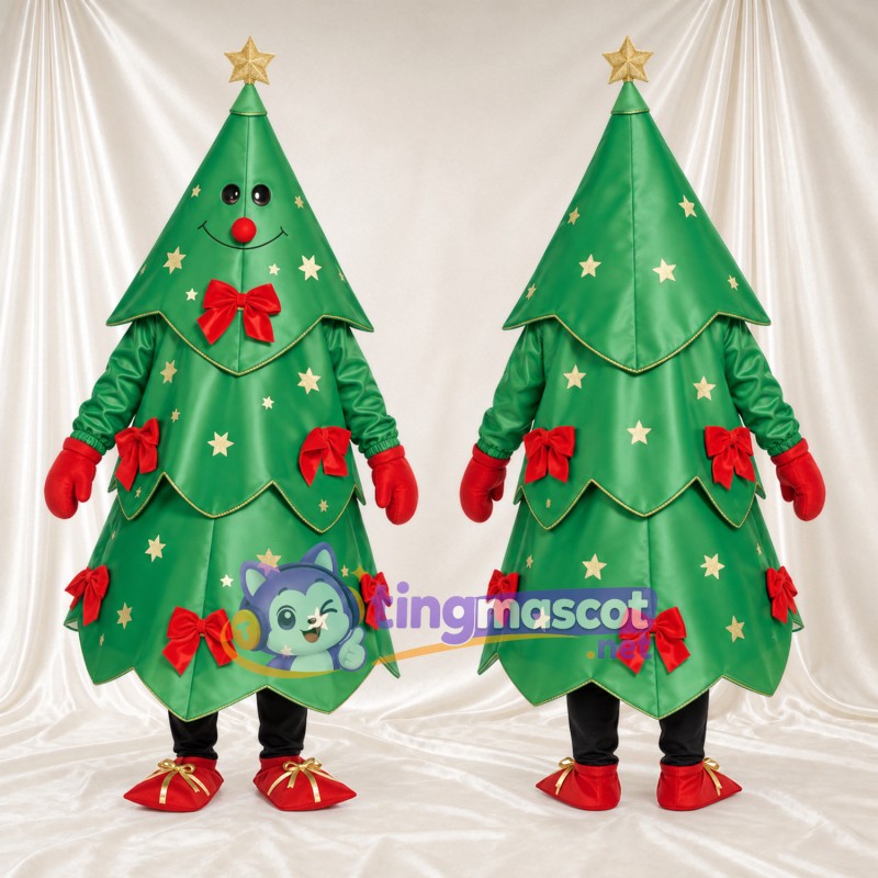Green Christmas Tree Mascot Costume - Gold Star and Red Bows