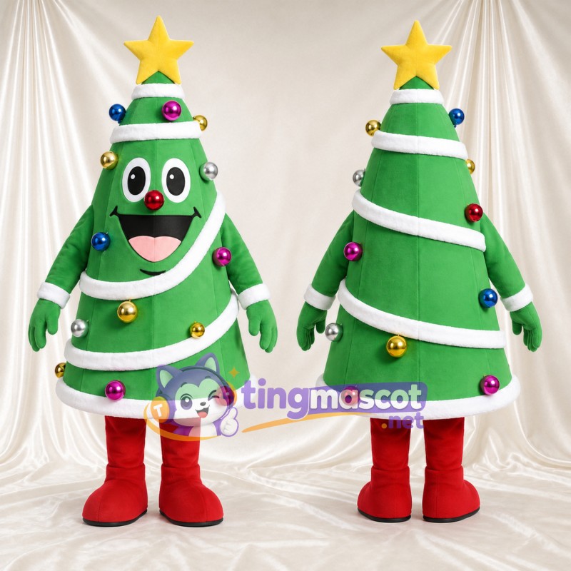 Maskottchenkostüm Weihnachtsbaum – grün – Stern (gelb); Girlande (weiß)