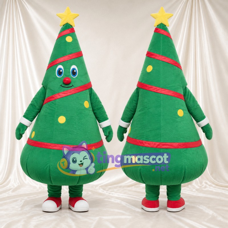 Maskottchenkostüm Weihnachtsbaum – grün – Stern (gelb); Band (rot)