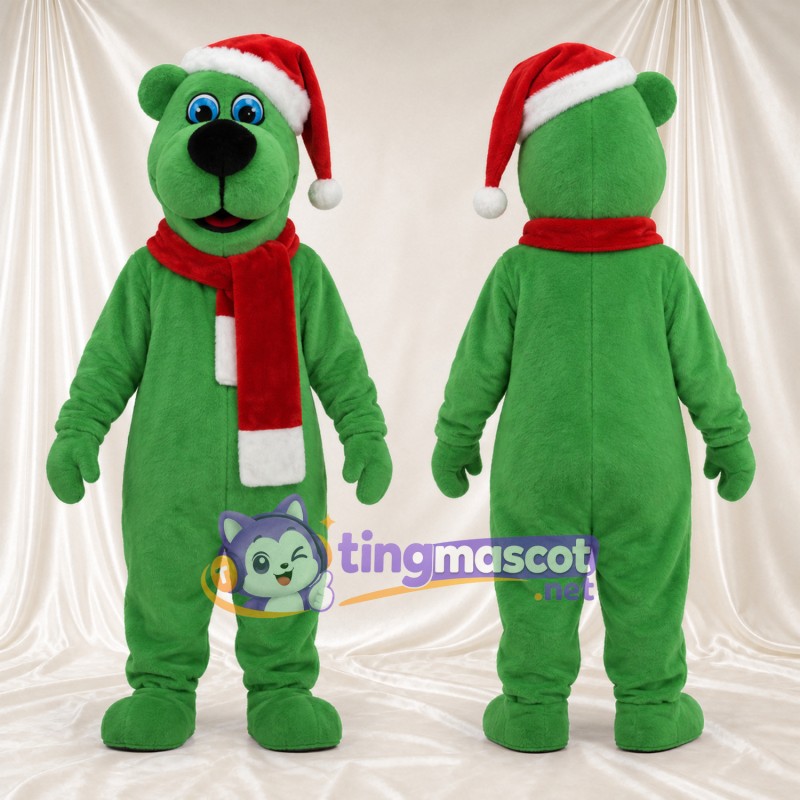 Green Bear Mascot Costume - Santa Hat and Red Scarf