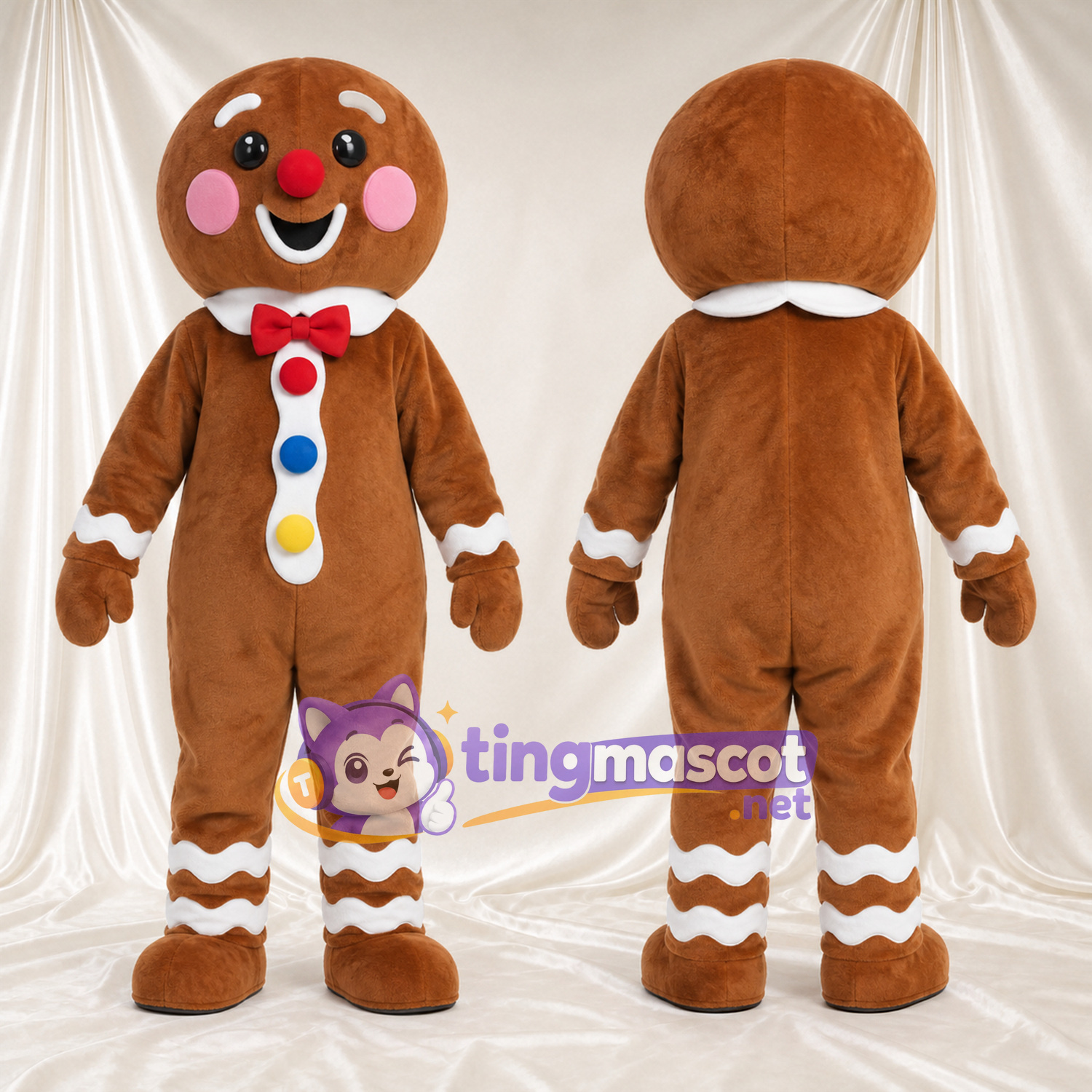 Costume de mascotte Bonhomme en pain d’épices – marron – Nœud papillon (rouge); Boutons Costume de mascotte Bonhomme en pain d’épices – marron – Nœud papillon (rouge); Boutons