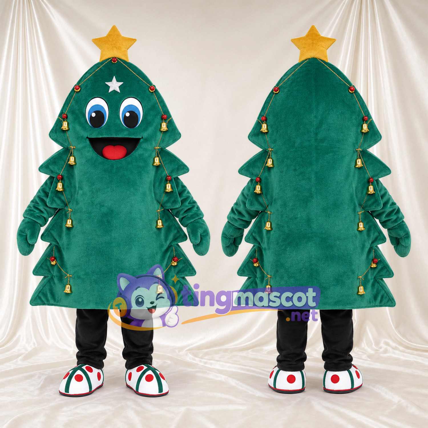Green Christmas Tree Mascot Costume - Gold Star and Bell Ornaments Green Christmas Tree Mascot Costume - Gold Star and Bell Ornaments