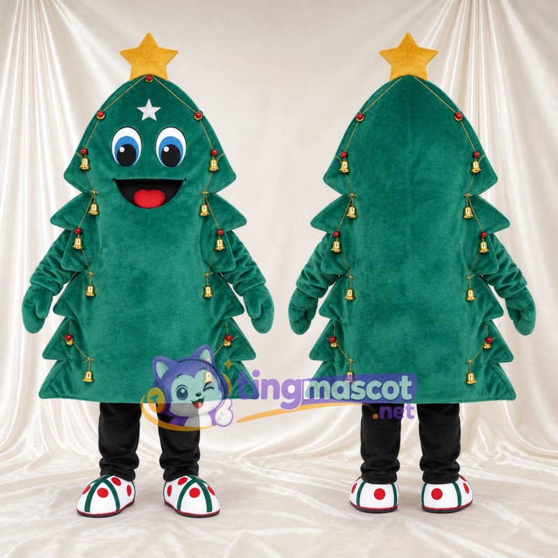 Green Christmas Tree Mascot Costume - Gold Star and Bell Ornaments