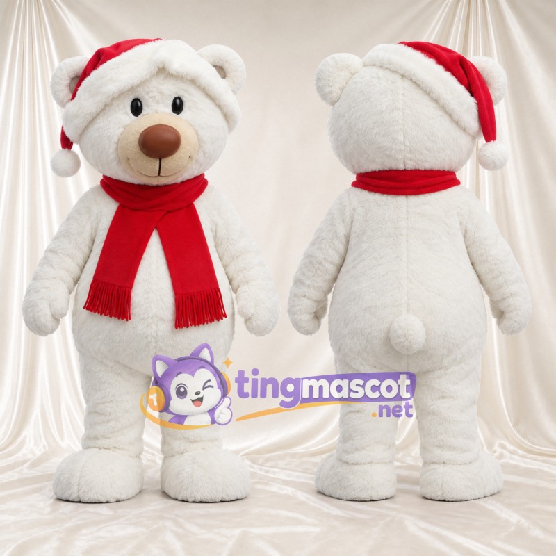 White Polar Bear Mascot Costume - Santa Hat and Red Scarf, Round Belly and Brown Nose