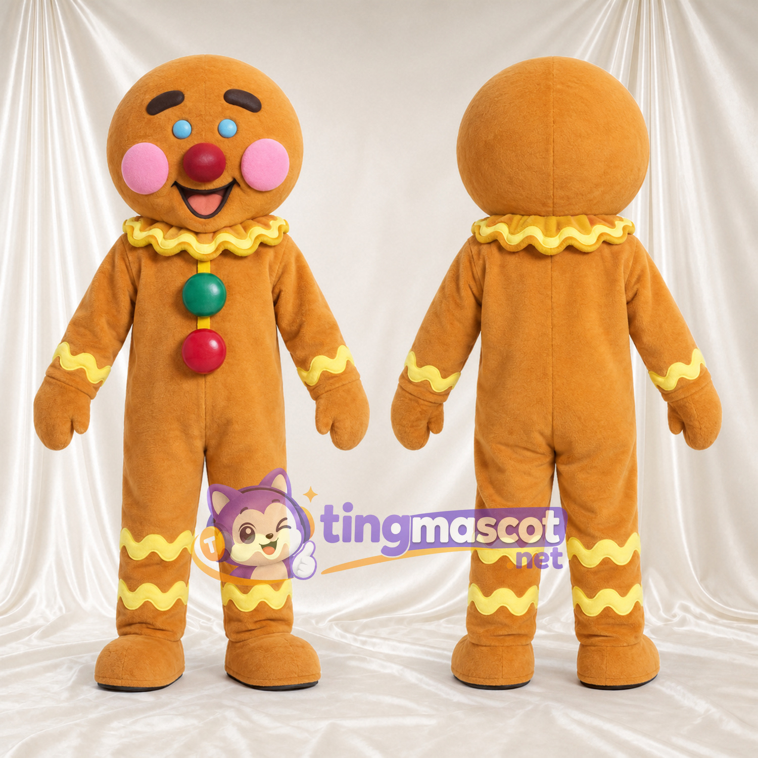 Brown Gingerbread Man Mascot Costume - Colorful Buttons Brown Gingerbread Man Mascot Costume - Colorful Buttons