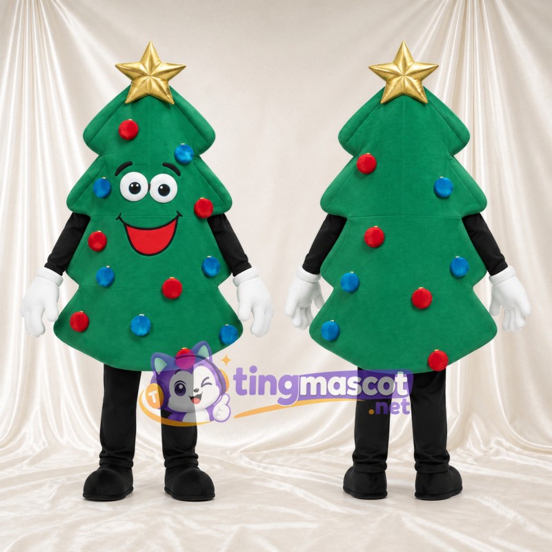 Green Christmas Tree Mascot Costume - Gold Star and Colorful Ornaments