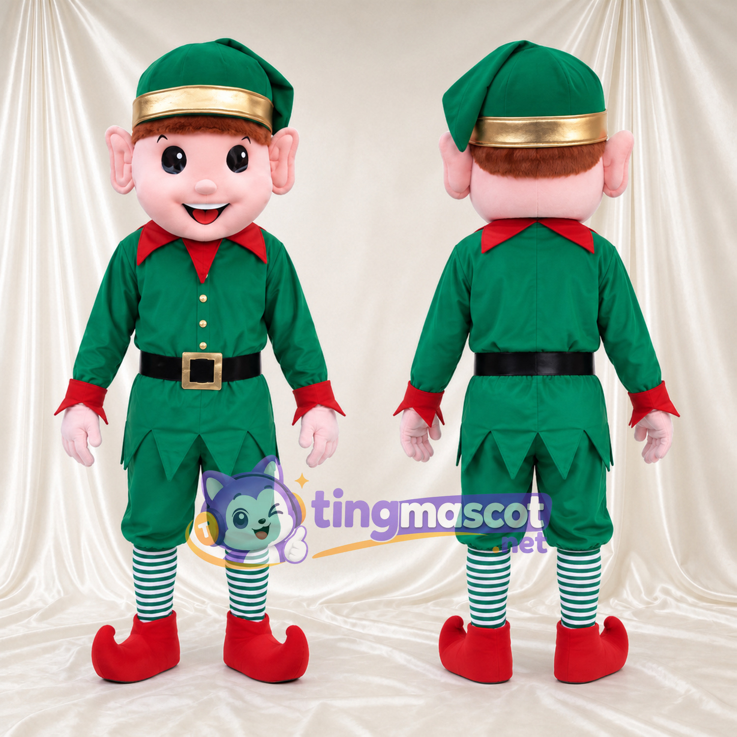 Christmas Elf Mascot Costume - Green Outfit and Striped Socks Christmas Elf Mascot Costume - Green Outfit and Striped Socks