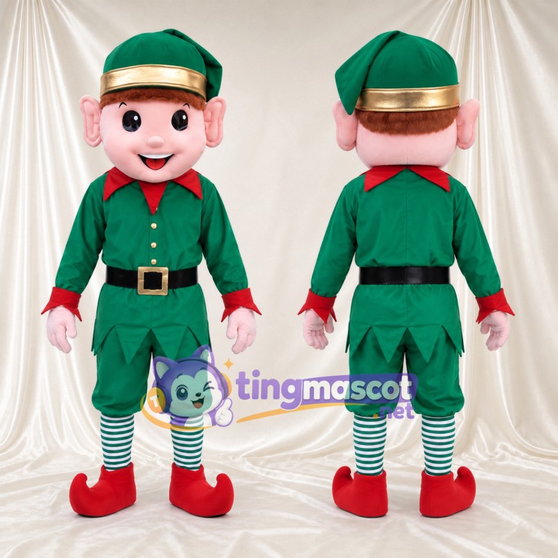 Christmas Elf Mascot Costume - Green Outfit and Striped Socks