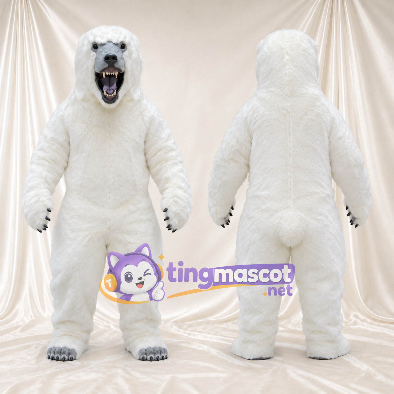 Maskottchenkostüm Eisbär – weiß – Pfotenballen (grau); Spitze Fangzähne Maskottchenkostüm Eisbär – weiß – Pfotenballen (grau); Spitze Fangzähne