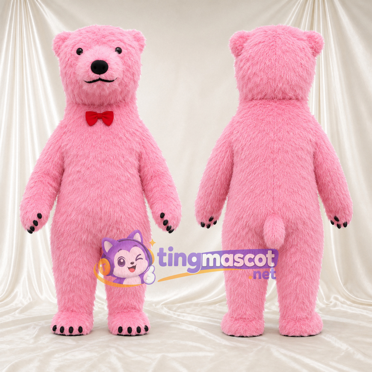 Maskottchenkostüm Bär – rosa – Fliege (rot) Maskottchenkostüm Bär – rosa – Fliege (rot)