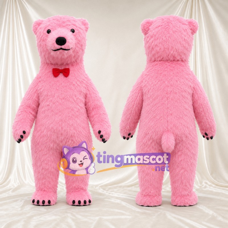 Maskottchenkostüm Bär – rosa – Fliege (rot)