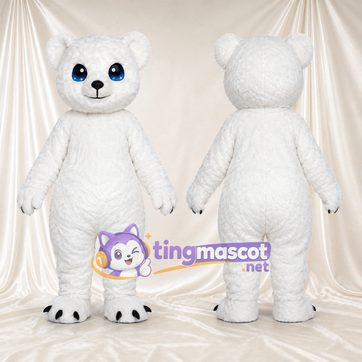 Maskottchenkostüm Eisbär – weiß – Krallen (schwarz); Augen (blau) Maskottchenkostüm Eisbär – weiß – Krallen (schwarz); Augen (blau)