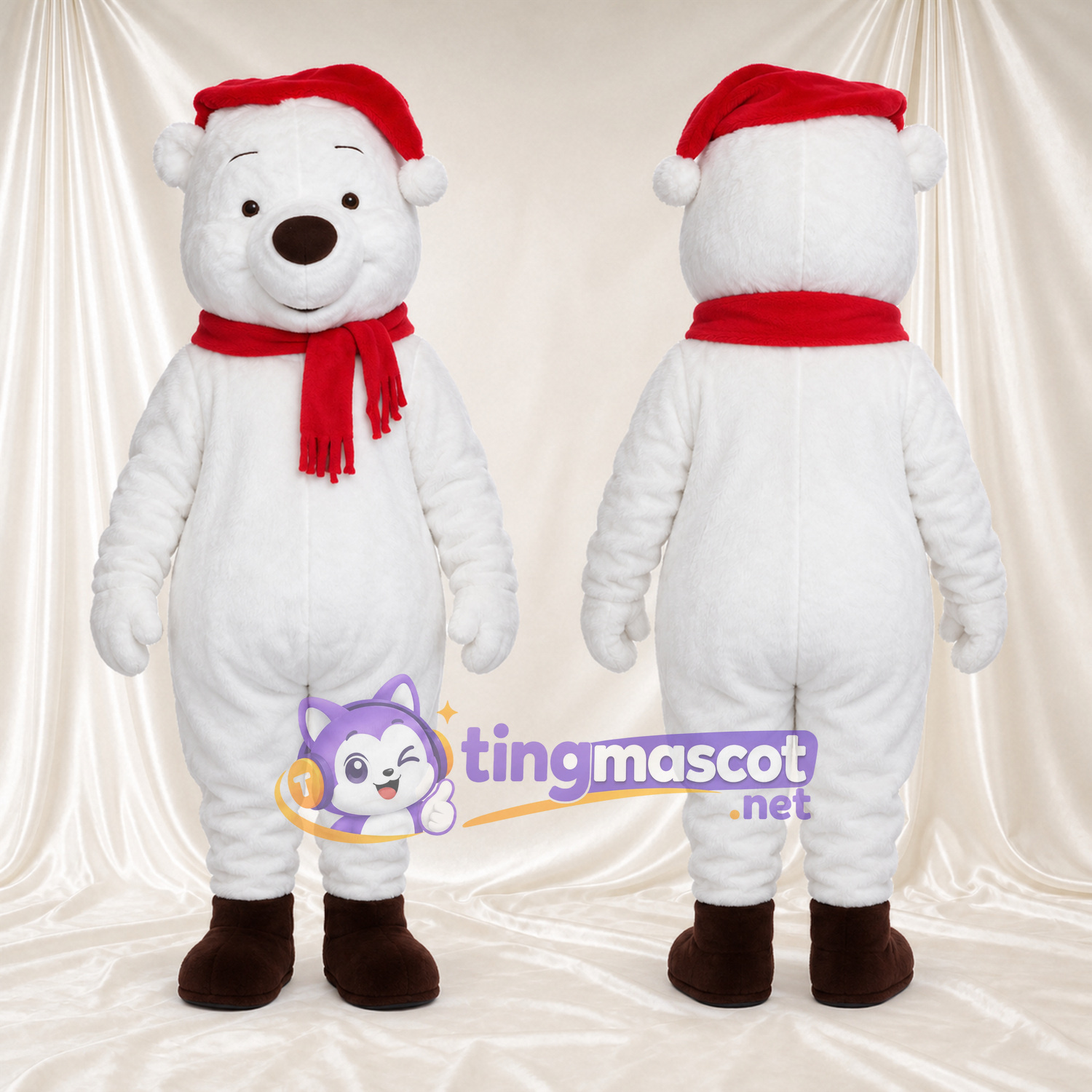 White Polar Bear Mascot Costume - Santa Hat and Red Scarf, Brown Feet and Closed Eyes White Polar Bear Mascot Costume - Santa Hat and Red Scarf, Brown Feet and Closed Eyes