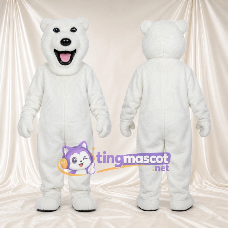 Costume de mascotte Ours polaire – blanc – Sourire avec dents; Langue (rose)