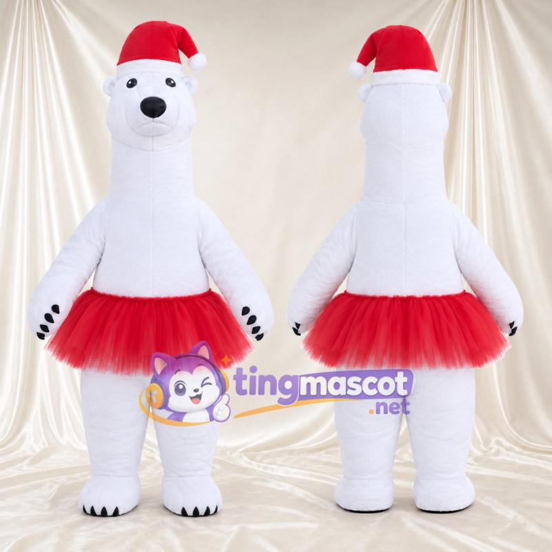 White Polar Bear Mascot Costume - Santa Hat and Red Tutu