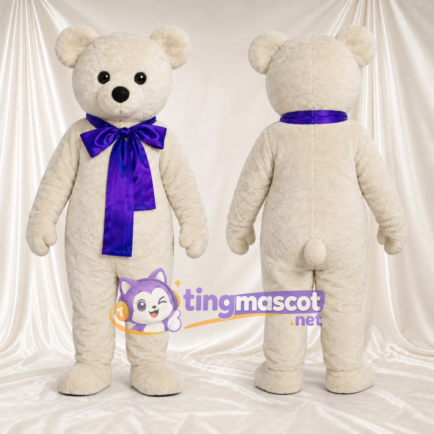 Maskottchenkostüm Bär – creme – Schleife (violett) Maskottchenkostüm Bär – creme – Schleife (violett)