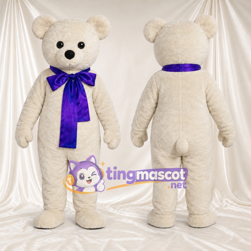 Maskottchenkostüm Bär – creme – Schleife (violett)