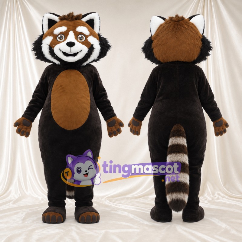 Brown and Black Red Panda Mascot Costume - Tan Belly and White-Striped Tail