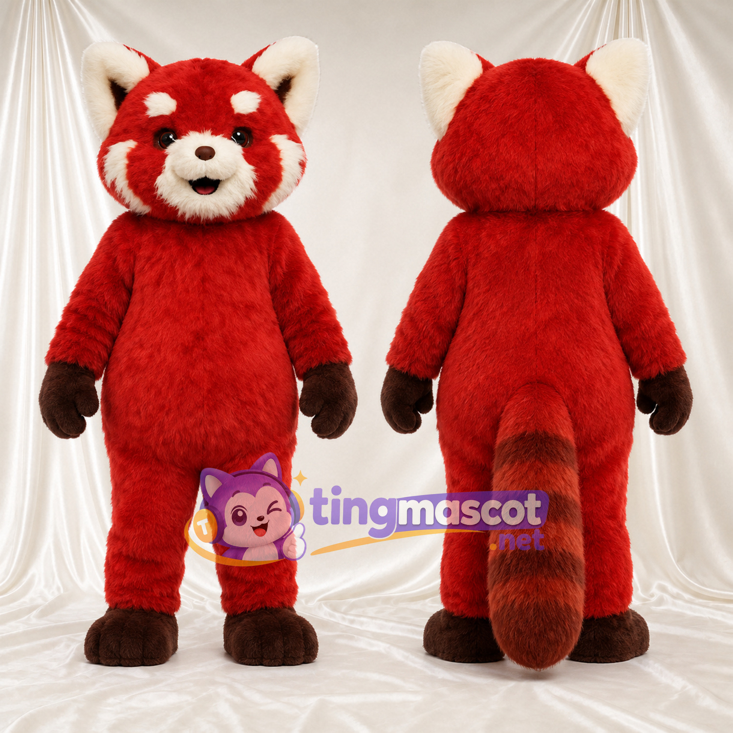 Costume de mascotte Panda roux – rouge – Queue rayée (blanc); Mains (marron) Costume de mascotte Panda roux – rouge – Queue rayée (blanc); Mains (marron)