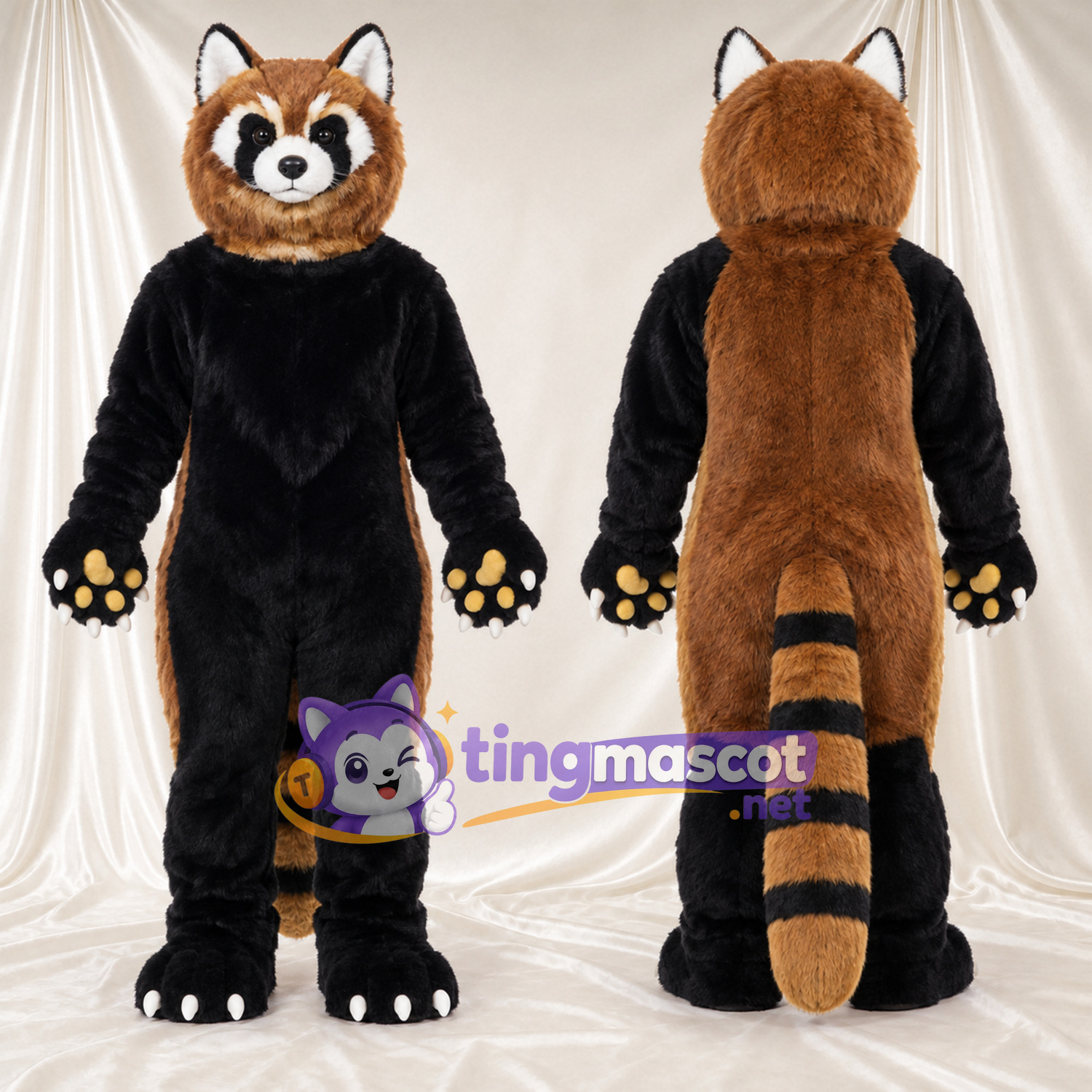 Costume de mascotte Panda roux – marron / noir – Griffes (blanc); Coussinets (jaune) Costume de mascotte Panda roux – marron / noir – Griffes (blanc); Coussinets (jaune)