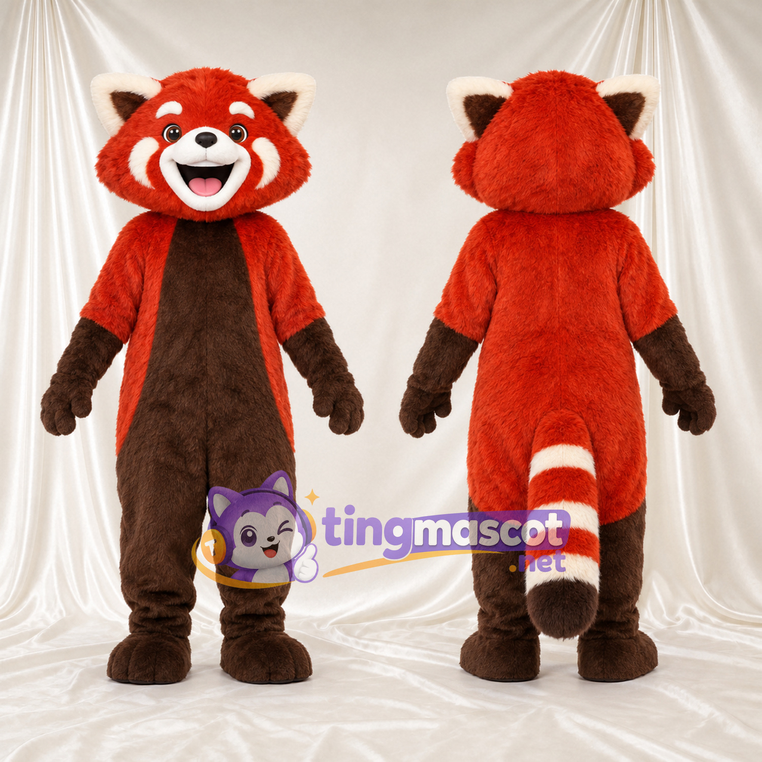 Costume de mascotte Panda roux – rouge / marron – Ventre (marron); Queue rayée (blanc) Costume de mascotte Panda roux – rouge / marron – Ventre (marron); Queue rayée (blanc)