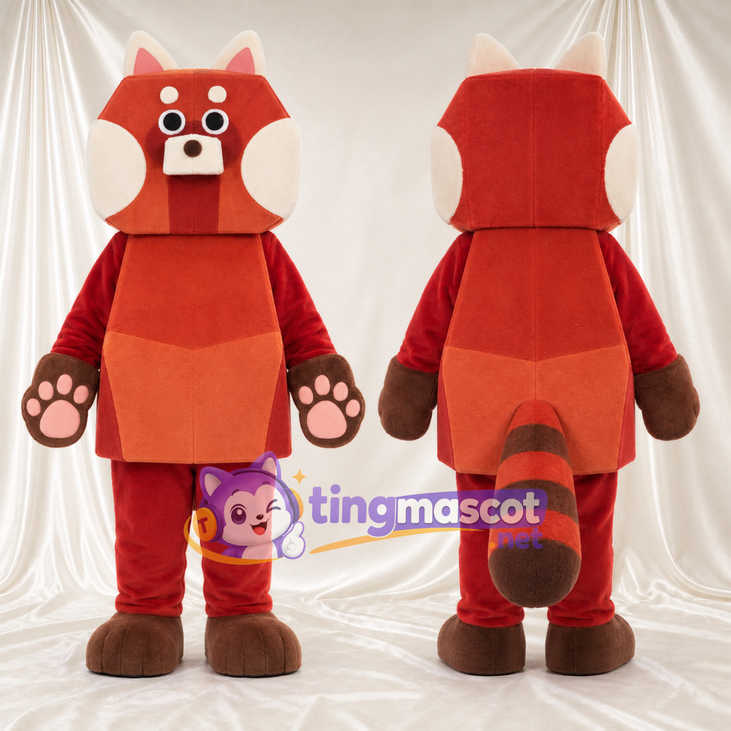 Costume de mascotte Panda roux – rouge – Tête et corps géométriques Costume de mascotte Panda roux – rouge – Tête et corps géométriques