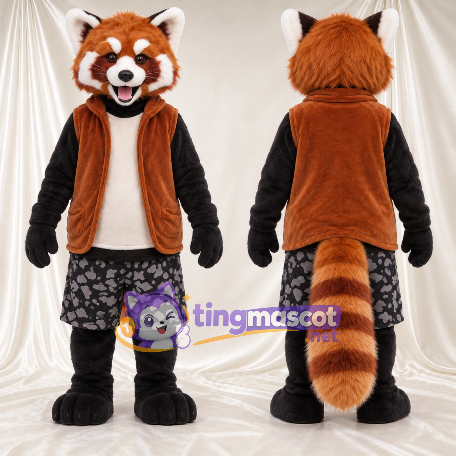Costume de mascotte Panda roux – marron – Gilet (marron); Short Costume de mascotte Panda roux – marron – Gilet (marron); Short