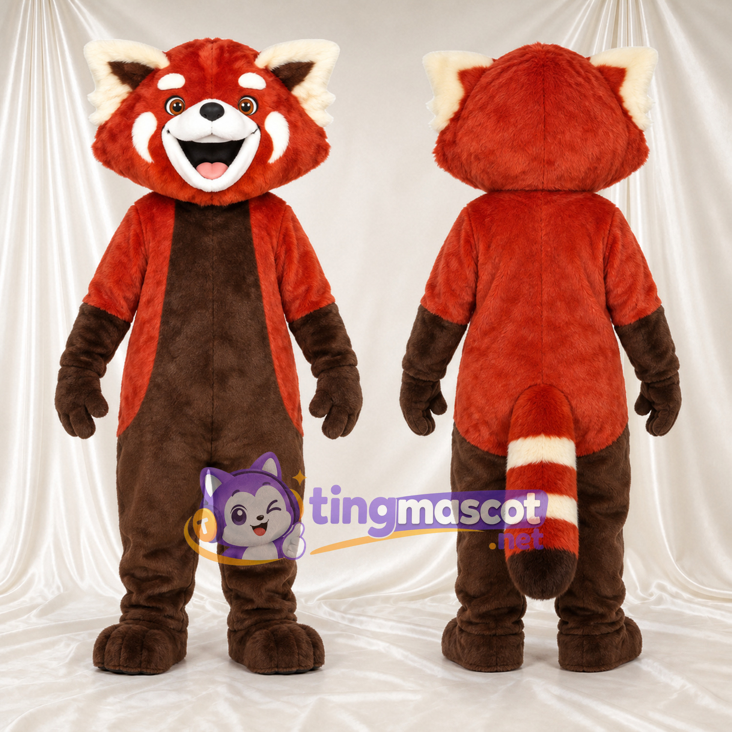 Costume de mascotte Panda roux – rouge / marron – Ventre (marron); Queue rayée (blanc) Costume de mascotte Panda roux – rouge / marron – Ventre (marron); Queue rayée (blanc)