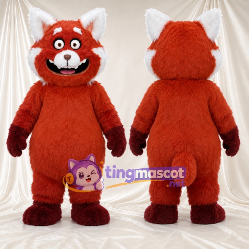 Costume de mascotte Panda roux – rouge – Mains (marron); Bouche ouverte