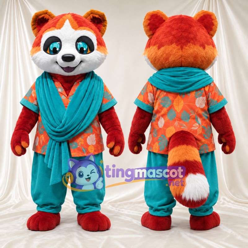 Costume de mascotte Panda roux – orange / rouge – Chemise; Écharpe (bleu canard)