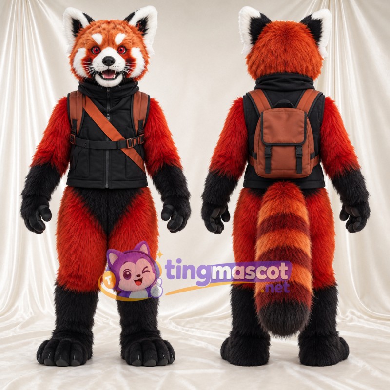 Costume de mascotte Panda roux – rouge / noir – Gilet (noir); Sac à dos (marron)