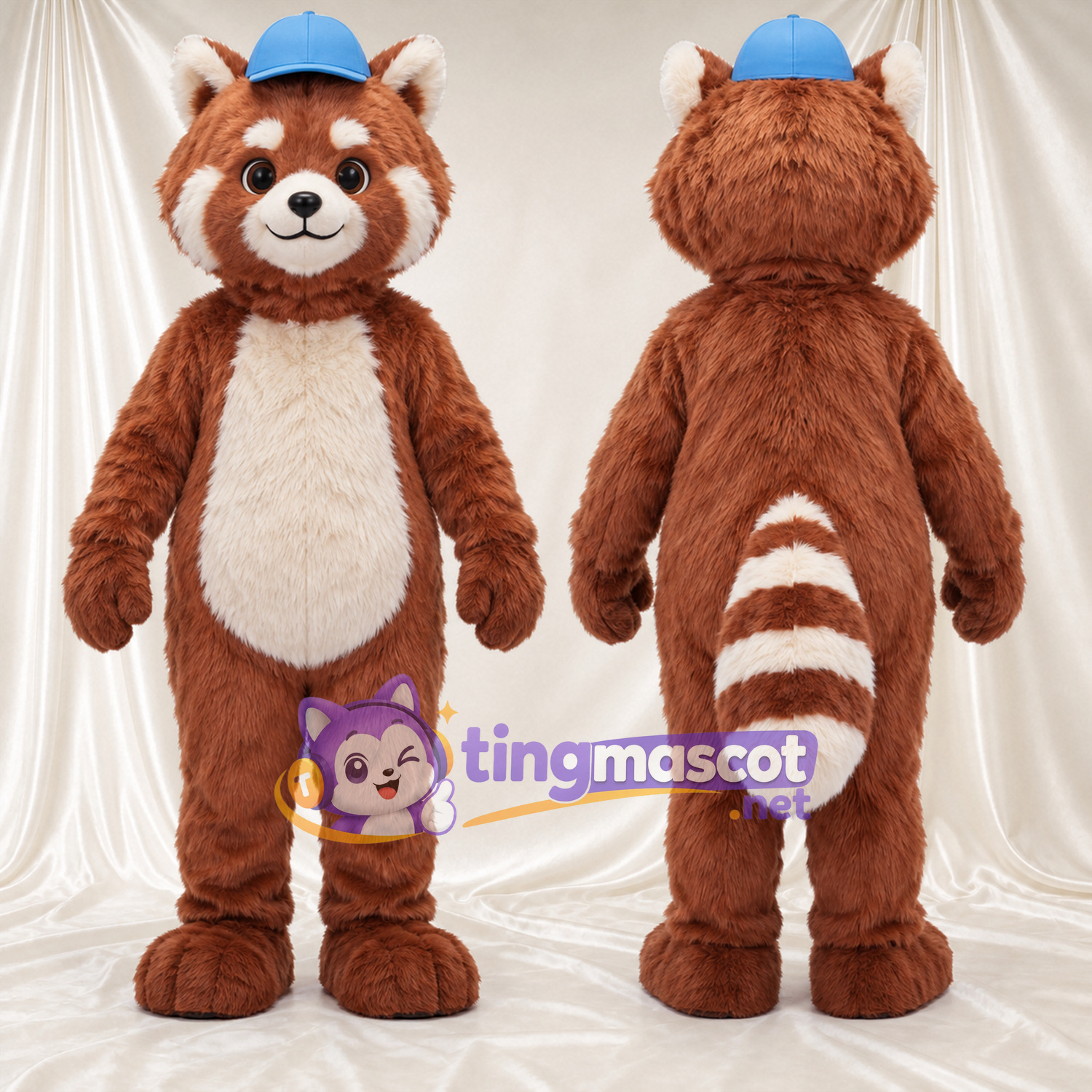 Costume de mascotte Panda roux – marron – Casquette (bleu) Costume de mascotte Panda roux – marron – Casquette (bleu)
