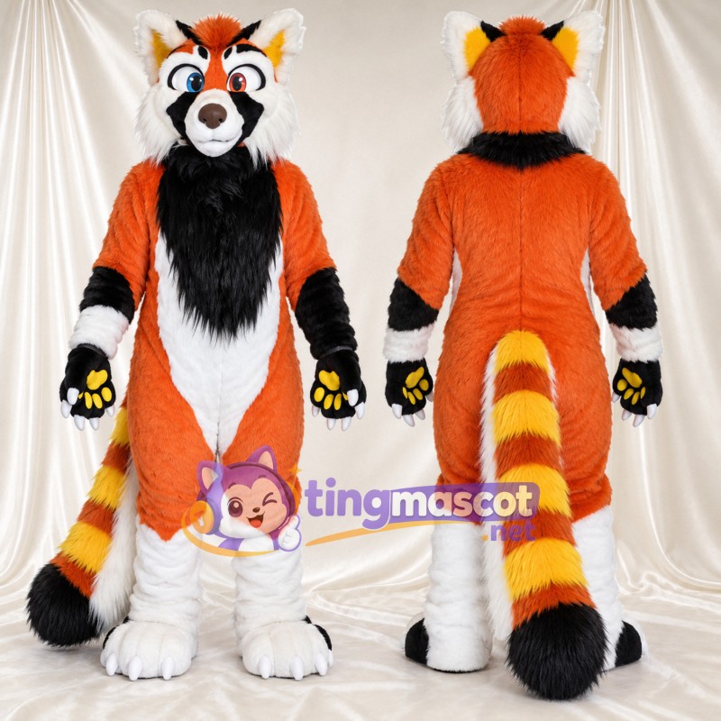 Costume de mascotte Panda roux – orange / marron – Coussinets (jaune); Bas des jambes (blanc)