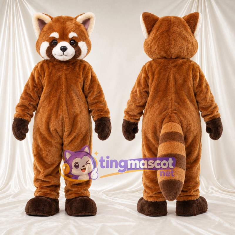 Costume de mascotte Panda roux – marron – Queue rayée (blanc); Mains (marron)