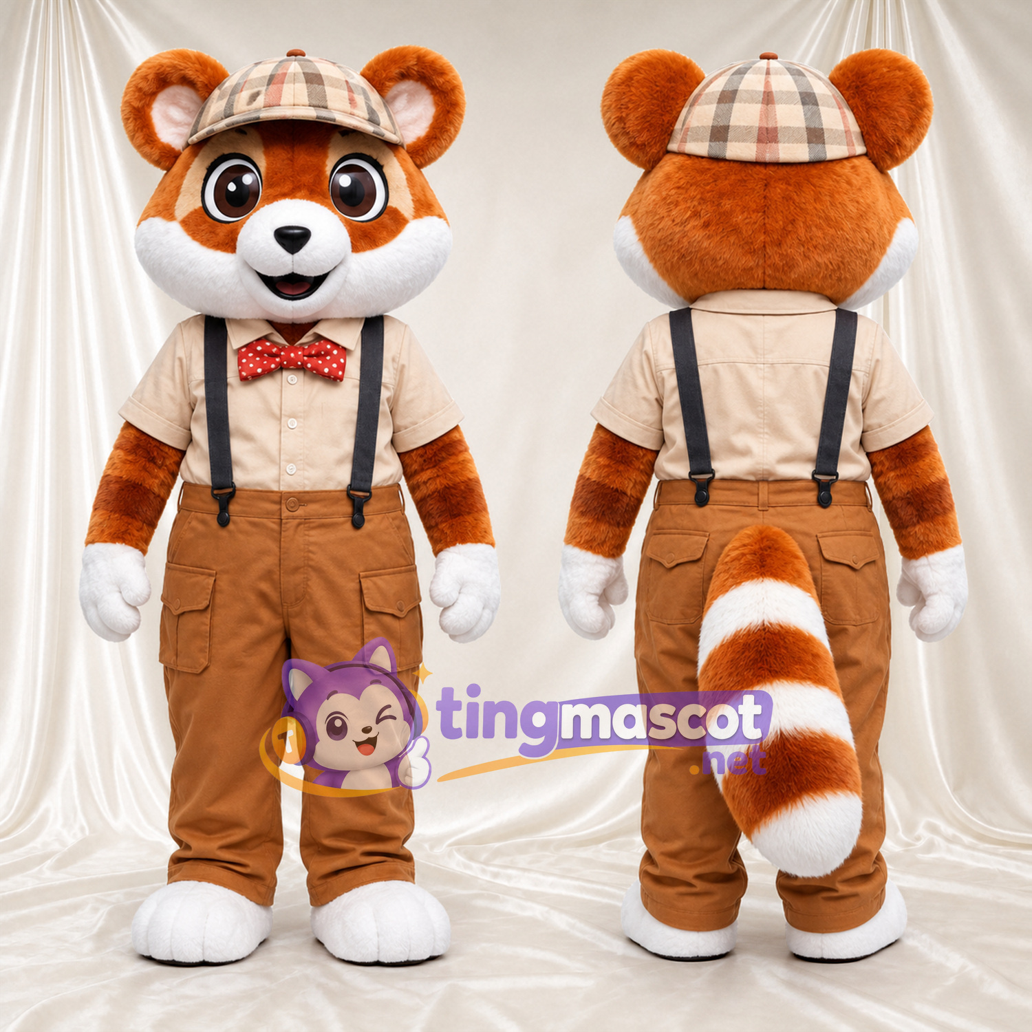 Costume de mascotte Panda roux – orange / marron – Casquette; Bretelles Costume de mascotte Panda roux – orange / marron – Casquette; Bretelles