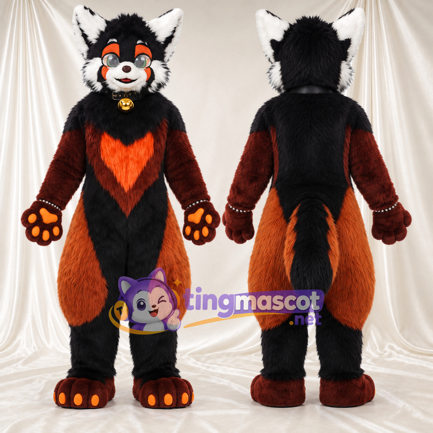 Black and Orange Cat Mascot Costume - Heart Chest Patch and Bell Collar Black and Orange Cat Mascot Costume - Heart Chest Patch and Bell Collar