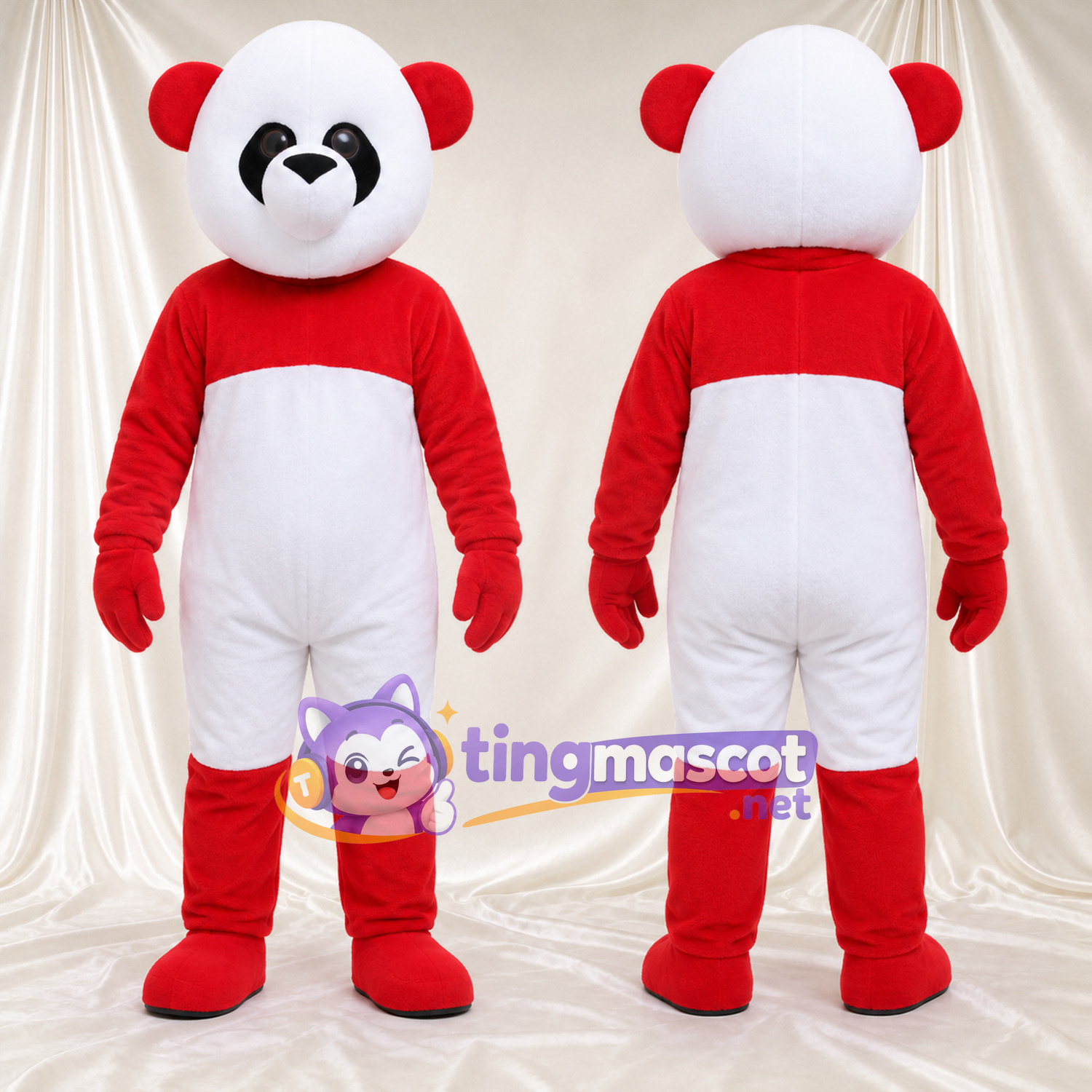 Costume de mascotte Panda – rouge / blanc – Ventre (blanc); Tête (blanc) Costume de mascotte Panda – rouge / blanc – Ventre (blanc); Tête (blanc)