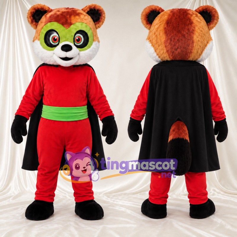 Maskottchenkostüm Roter Panda – orange / braun – Augenmaske (grün); Outfit (rot)