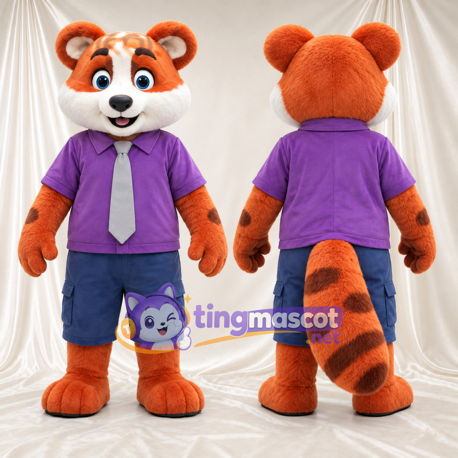 Costume de mascotte Panda roux – orange / marron – Chemise (violet); Cravate (gris) Costume de mascotte Panda roux – orange / marron – Chemise (violet); Cravate (gris)