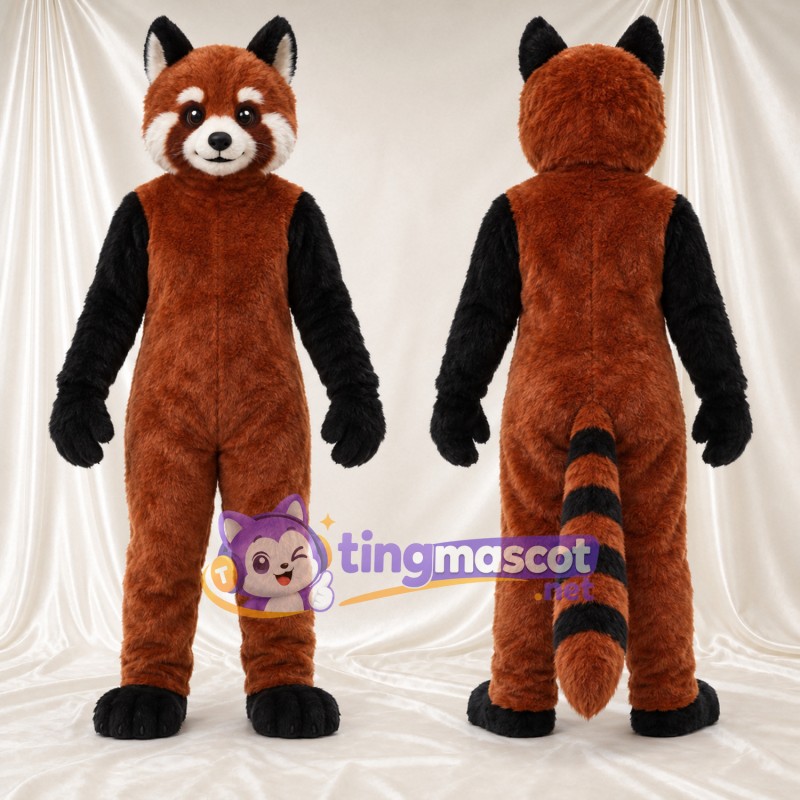 Costume de mascotte Panda roux – marron – Queue rayée (blanc); Gants (noir)