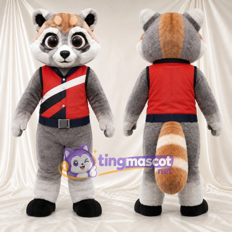 Costume de mascotte Panda roux – gris / marron – Gilet (rouge / noir)