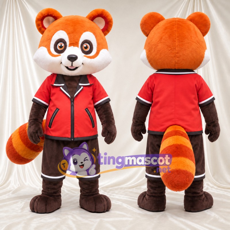 Costume de mascotte Panda roux – orange / marron – Chemise (rouge); Short (marron)