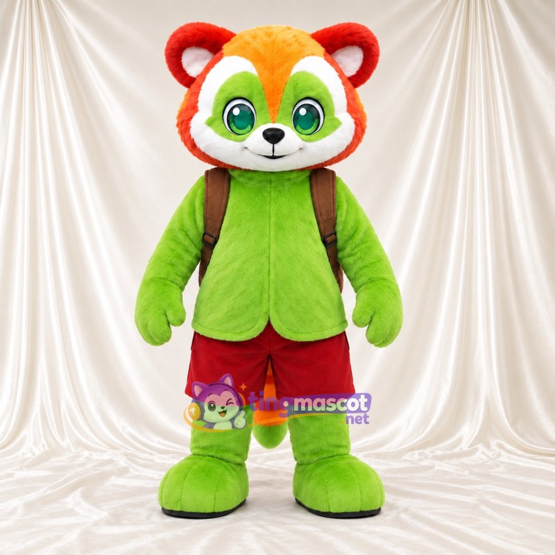 Green and Orange Red Panda Mascot Costume - Red Shorts and Brown Backpack Green and Orange Red Panda Mascot Costume - Red Shorts and Brown Backpack
